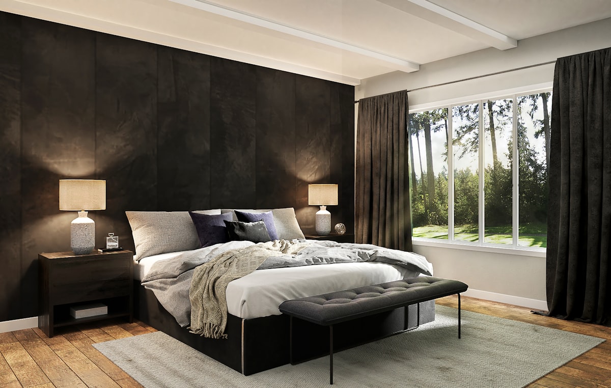 Quiet bedroom interior with patterned wallpaper